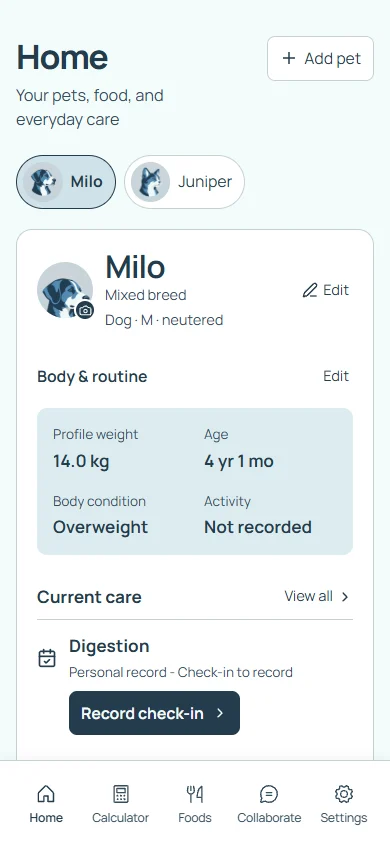 Scoops household screen showing Milo’s weight, age, body condition, and current care